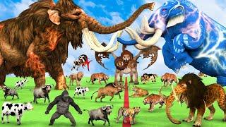 10 Mammoth Elephant vs 5 Big Zombie Bulls vs Giant Tiger Attack Cow Baby Saved By 2 Woolly Mammoth