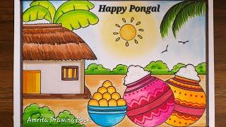 Pongal Drawing Easy |Pongal Festival Scenery drawing |Happy Pongal Poster Drawing|Pongal Pot drawing