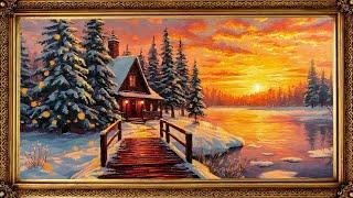 Vintage Gold Frame TV Art | 4K Winter Sunset Cottage Screensaver |Relaxing Snowy Landscape Wallpaper