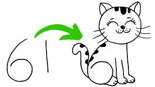 How to Draw Cat from 61, Easy Cute Cat Drawing, Drawing Animals by Numbers Step by Step for Kids