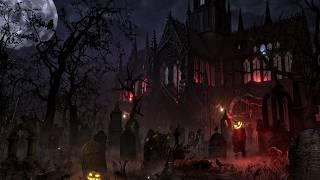 Spooky Halloween Ambience | GraveYard Zombies | Owl Hoots & Gentle Wind | Gothic Church | 4K