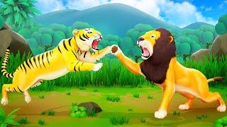 King Lion Vs Tiger Fighting Video | 3D Cartoon Wild Animals Attack - Funny Animals Tv