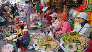 Walk Around ChrangChomResh Market - Daily Lifestyle of Khmer People Selling & Buying Food in Market