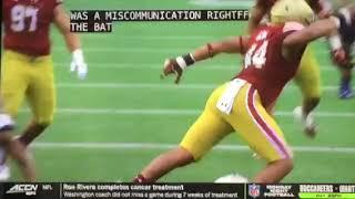 Player tackles both QB and RB at the same time/ ripped off helmet