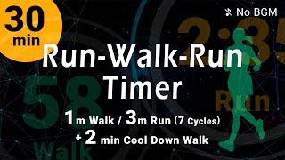 30-Minute Run-Walk-Run Timer: 1min Walk / 3min Run (7 Cycles) + 2min Cool Down (No BGM)