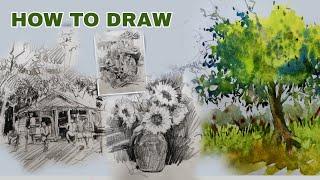 how to draw pencil landscape, how to draw tree, how to do sketching ,   water color  tree tutorial