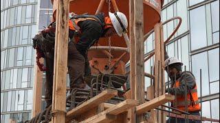 Concrete Pour Using Tower Crane & Bucket Method! Filling Wall Forms and Columns without a Pump! ASMR