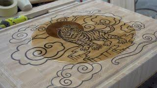 Tiger cutting board. CNC Inlay. Maple cutting board inlaid with walnut. Wood Inlay. BroinwooD