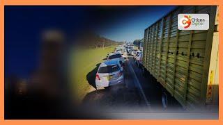 Motorists trapped in traffic jam along Mai Mahiu Road.