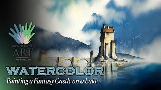 How to paint Watercolor landscape painting, Castle on a lake