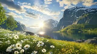 Fjord Meadow Wildflowers fresh Ambience Relaxing Nature Sounds Birds Singing Mountain View 8 hours