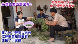 杂草也能当野菜吃？地里得野菜太多，婆媳俩做顿农家饭，蒸几十个野菜大肉包，凉拌野菜，野菜蒸菜，还做了大菜蟒吃