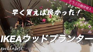 【これ1つでおしゃ庭🪴】IKEAウッドプランターに色がバラバラな植木鉢をまとめて入れてみた｜お花のお手入れも　ベランダガーデニング