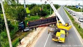 Please Drive Safely!! Incredible Long Truck​ Falling Down From Highway Road Recovery By Crane Lift