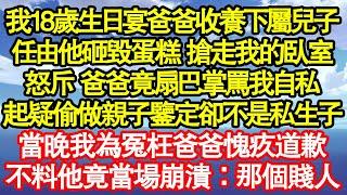 我18歲生日宴爸爸收養下屬兒子，任由他砸毀蛋糕 搶走我的臥室，怒斥 爸爸竟扇巴掌罵我自私，起疑偷做親子鑒定卻不是私生子，當晚我為冤枉爸爸愧疚道歉，不料他竟當場崩潰：那賤人真情故事會|老年故事|情感需求