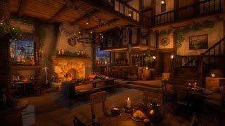 Cozy Winter Tavern | Medieval Night Ambience | Fireplace, Wind, Snow & Blizzard Sounds