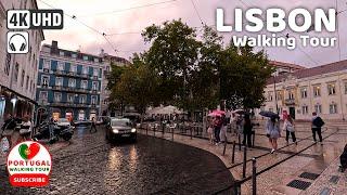  [4K WALK] Friday Evening LISBON Portugal Walking Tour in the RAIN