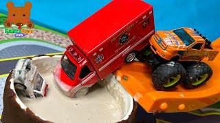 Monster Truck Rescues & Wash Muddy Police Car & Ambulance【Kuma's Bear