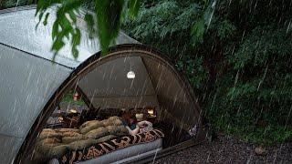 Solo Camping in the heavy rain, lying on the bed in a cozy tent and relaxing time