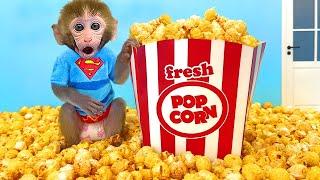 Monkey Baby Bon Bon naughty with paper in the toilet and eats popcorn with ducklings on the farm