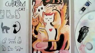 Halloween Cubism Cat [lesson recording] painting for children