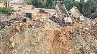 Great Project! Incredible Bulldozer Filling Up Land On Mountain Dangerous Work Truck Dumping Stone