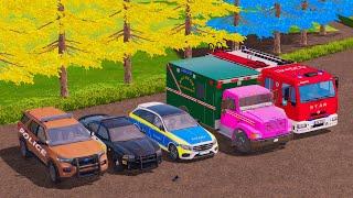 VOLKSWAGEN, MCQUEEN, DACIA POLICE CARS & MERCEDES FIRE TRUCK VEHICLES TRANSPORTING ! FS22