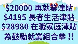 $20000再就業津貼  |  $4195長者生活津貼  |  $28980在職家庭津貼  |  為鼓勵就業組合拳!!