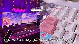 cozy gaming vlog ️ new pink gaming desk setup, akko keyboard, aesthetic & productive