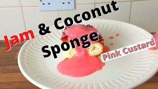 Jam and Coconut Sponge with Pink Custard