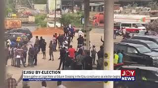 Voters gather at Lizgat Hotel at Oduom Crossing in the Ejisu constituency as election begins