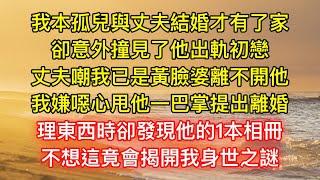 我本孤兒與丈夫結婚才有了家，卻意外撞見了他出軌初戀，丈夫嘲我已是黃臉婆離不開他，我嫌噁心甩他一巴掌提出離婚，理東西時卻發現他的1本相冊，不想這竟會揭開我身世之謎