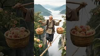 危绳高挂越千重，老丈担桃步若松。云雾漫山桃正艳，心宁气定自从容。#治愈风景 #田园生活 #儿时记忆 #乡村#治愈系#童年#惊险 #悬崖  #chinatravel #travel#步步惊心
