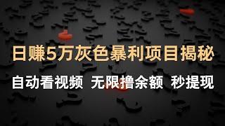 日赚5万灰色暴利挂机赚钱项目揭秘，自动看视频无限撸余额------网赚教程丨赚钱项目丨网赚方法丨被动收入丨2022赚钱的项目丨网赚项目丨网赚实战丨网赚分享丨最快赚钱方法丨最新网赚项目丨创业项目