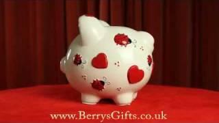 Extra Large Embossed Ceramic Piggy Bank - Red Ladybirds and Hearts