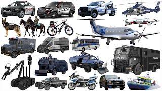 Police Cars, Police Bus, Drone, Helicopter, Dog, Boat, SWAT Vehicle | Police Vehicles Name Sounds