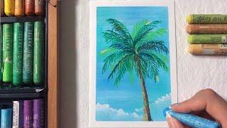 오일파스텔 초보, 시원한 여름 야자수 나무 풍경화 그림그리기  oil pastel drawing, How to draw beach