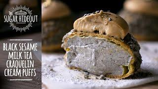 Black Sesame Milk Tea Craquelin Cream Puffs | Choux Au Craquelin