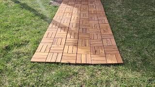 24 Sq Ft Interlocking Deck Tiles 12 x 12 Acacia Hardwood Outdoor Flooring for Patio - on Grass