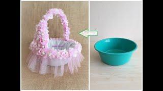 DIY, Basket from Plastic Bucket, Recycle, Flowers Basket, Leğenden Sepet Dönüşümü, Sepet Süsleme