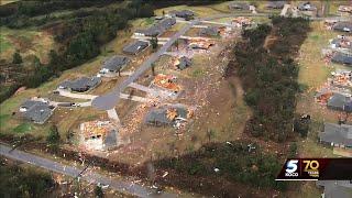 Sky 5 flies over Harrah neighborhood with significant tornado damage