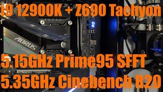 Maxing out the 12900K's P-cores on the Z690 Aorus Tachyon in Prime95 and Cinebench.