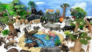 DIY Safari Animal Figurines Diorama: lion, giraffe, zebra, crocodile, elephants, monkey