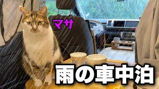 【猫と車中泊】雨の音と猫のゴロゴロ音を聞きながら過ごす静かな夜｜居酒屋マサで温かい鍋と日本酒