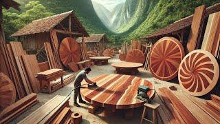 The giant round table was cut from a 400-ton tree at a wood processing factory #2