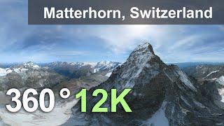 Matterhorn Mountain, Alps, Switzerland. Aerial 360 video in 12K