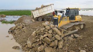 Amazing Ingenious Machine Operator Mighty Bulldozer Spreading Dirt Rock to Water with Dump Truck