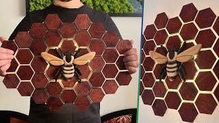 Wood Wall Art | Decorative Wooden Bee on Honeycomb | Wall Lamp | Epoxy Resin Art