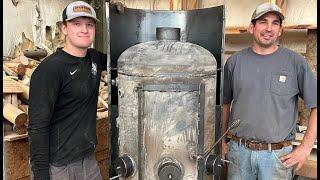 Sean & Shane @89Built Fabricate Clayton@SAWDUSTLUGNUTS a woodstove out of an old propane tank