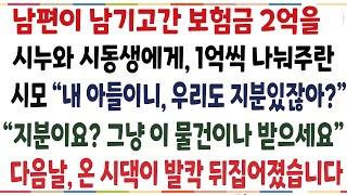 (반전신청사연)남편이 죽고 남기고간 보험금을 시동생들 주라고 하길래, 보험금대신 시댁에 특별한 물건하나 보냈더니, 온시댁이 뒤집어지고 마는데[신청사연][사이다썰][사연라디오]